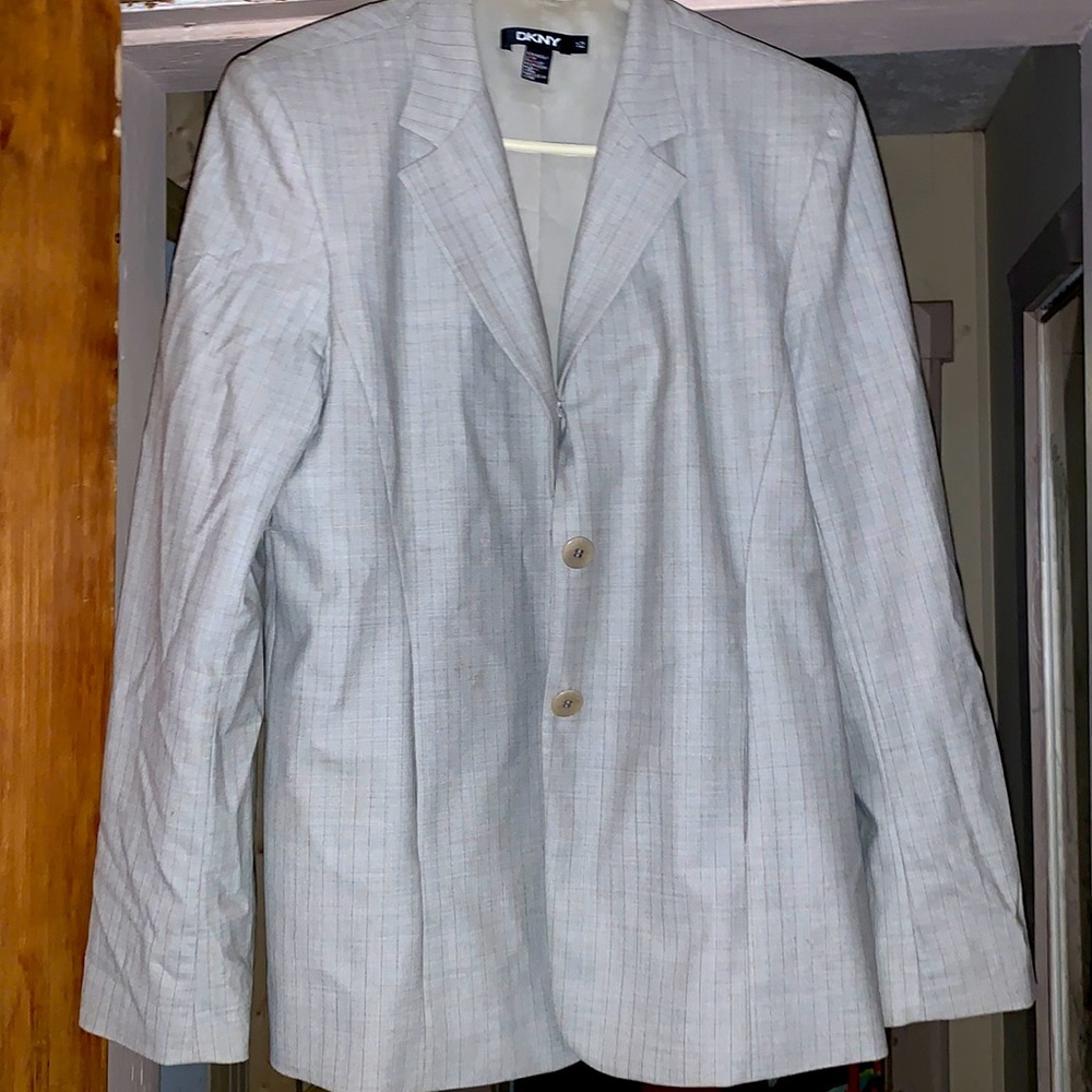 DKNY Womens Beige Plaid Stripe Suit Jacket Sz 12